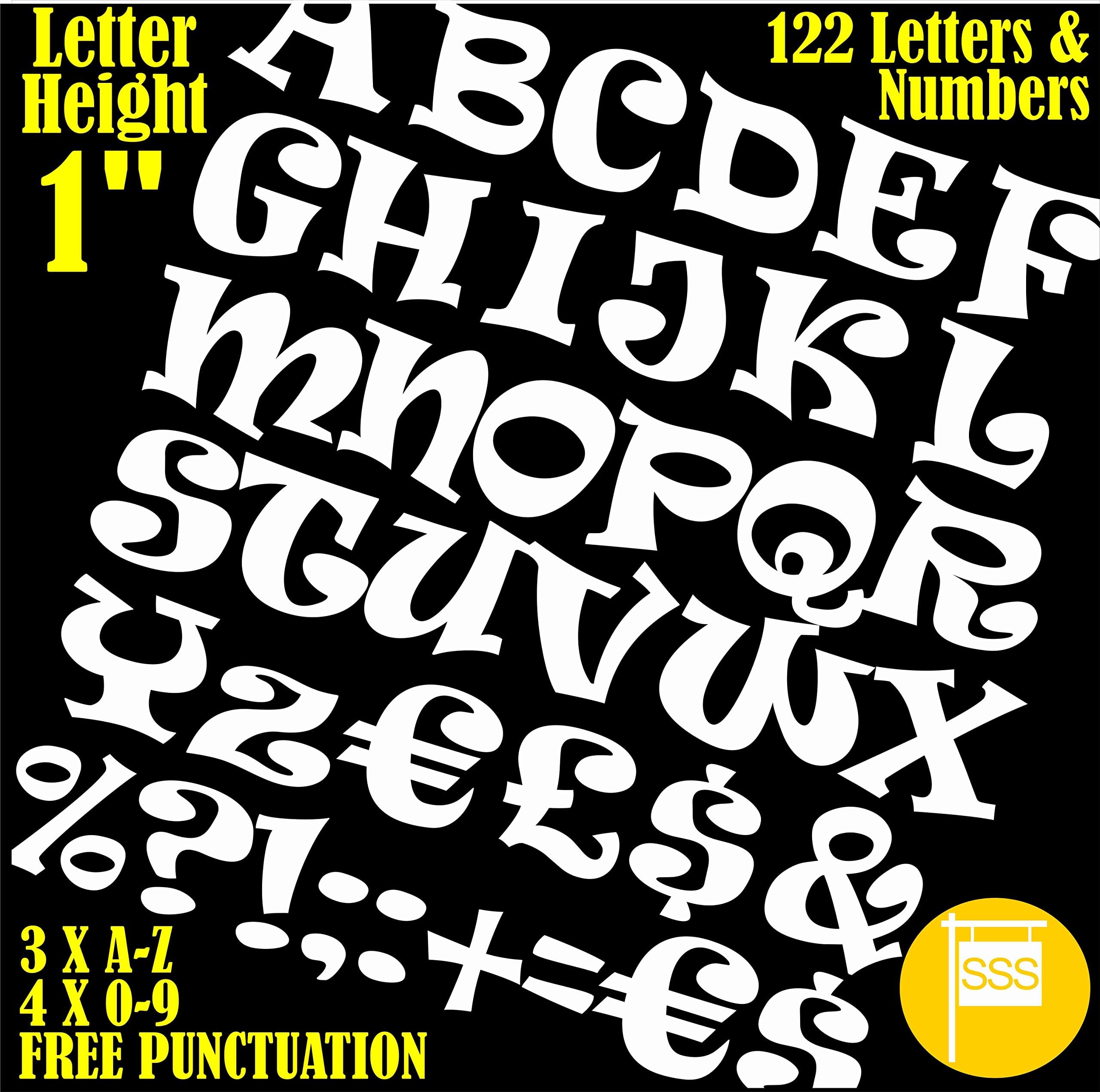 Professional Pack of 122 pcs X 1"(2.5cm) Self Adhesive = WHITE = Letters & Numbers Stickers Free Punctuation Washproof Large Lettering Signwriting Water Proof Any Project