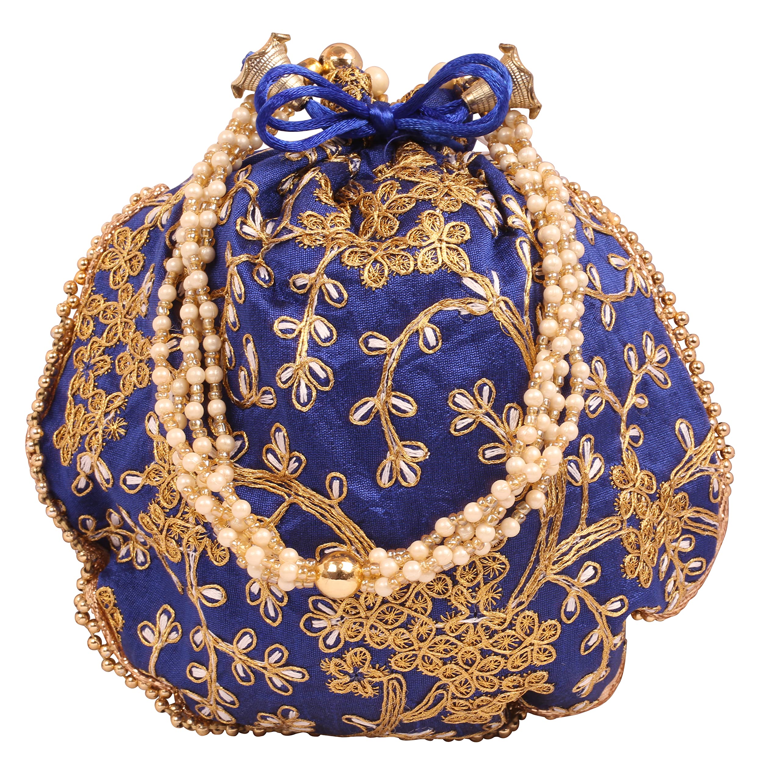 Touchstone NEW Traditional Indian Hand Embroidered Floral Motif Shopping Gifts Jewelry Wedding Sweet Distribution Faux Pearls Strings Drawstring Fancy Royal Blue Color Bag For Women.
