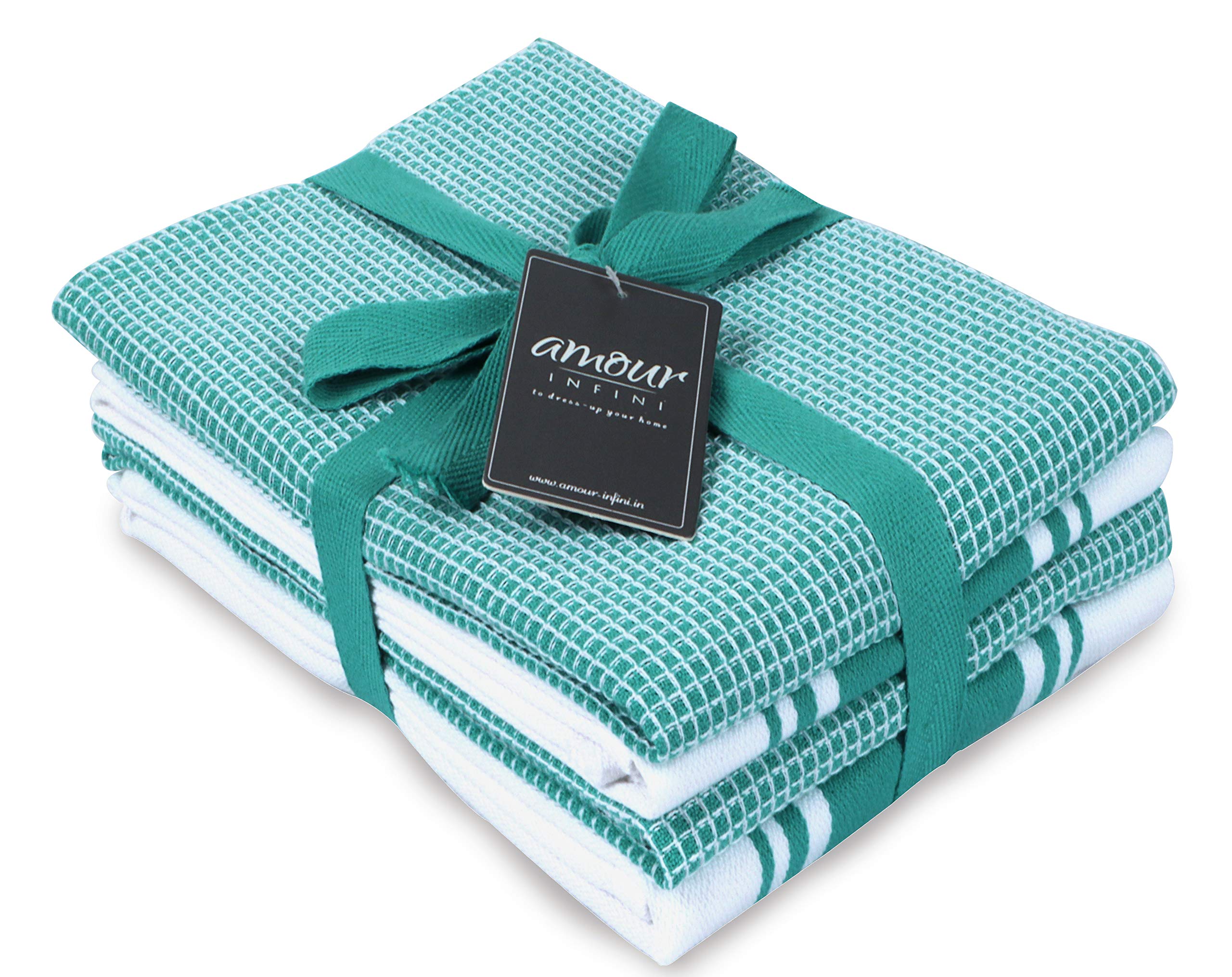 AMOUR INFINI Kitchen Tea Towel Classic Vintage Stripe, Waffle Weave Kitchen Towels Set of 4, 50 x 70 cm Multi-use Dish Towels Hanging Loop Ring Spun Premium Cotton Highly Absorbent Bar Towels | Teal