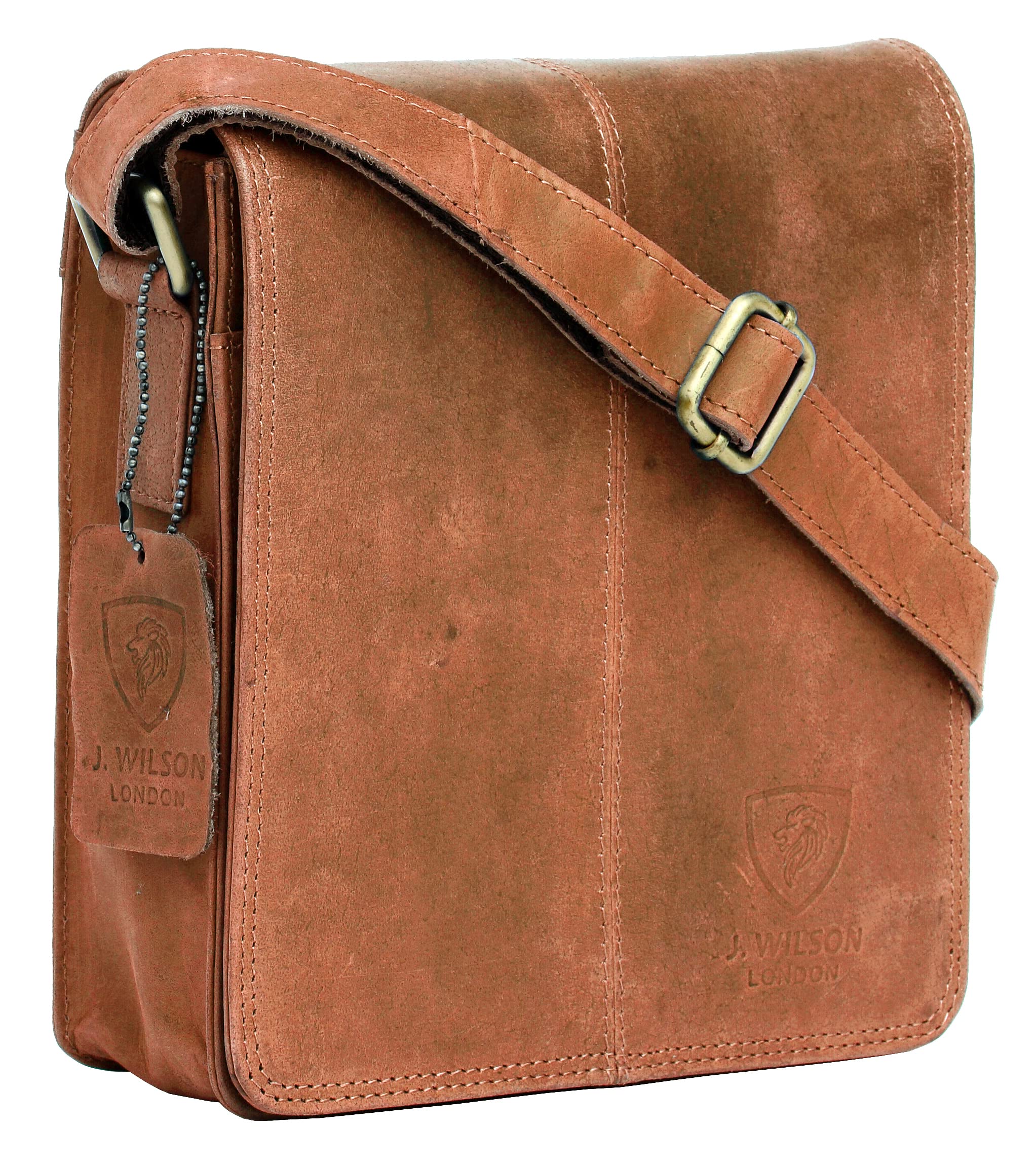 J. Wilson London 100% Pure Genuine Real Vintage Hunter Leather Handmade Mens Leather Flapover Everyday Crossover Shoulder Work Tablet Messenger Bag (Distress Oiled Tan)