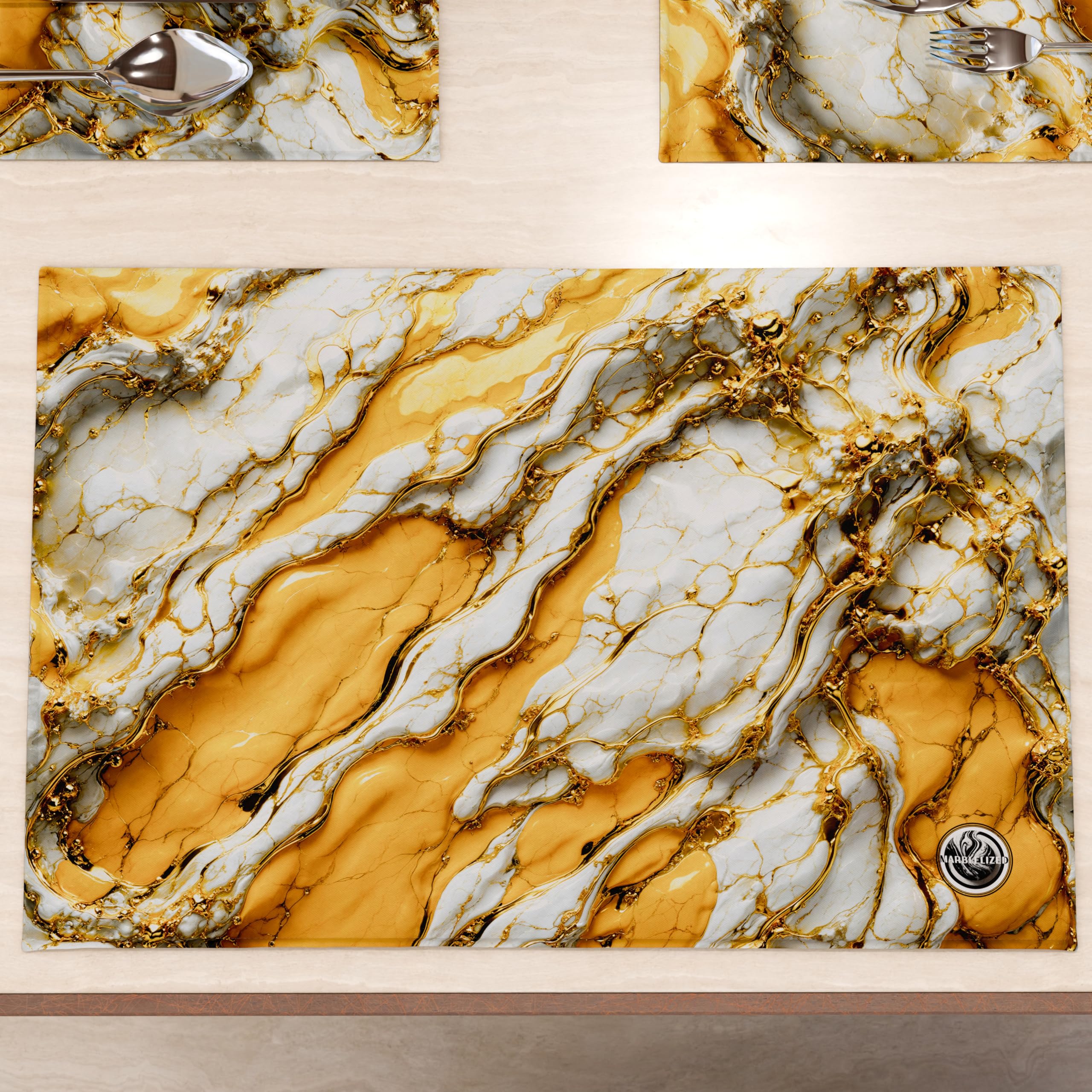MARBLELIZED - Washable American Placemats, Yellow Marble Effect Fabric Placemats, Set of 6 (30 x 45 cm) - Elegant, Ideal for Breakfast, Lunch and Dinner, Gift Idea, 100% Made in Italy