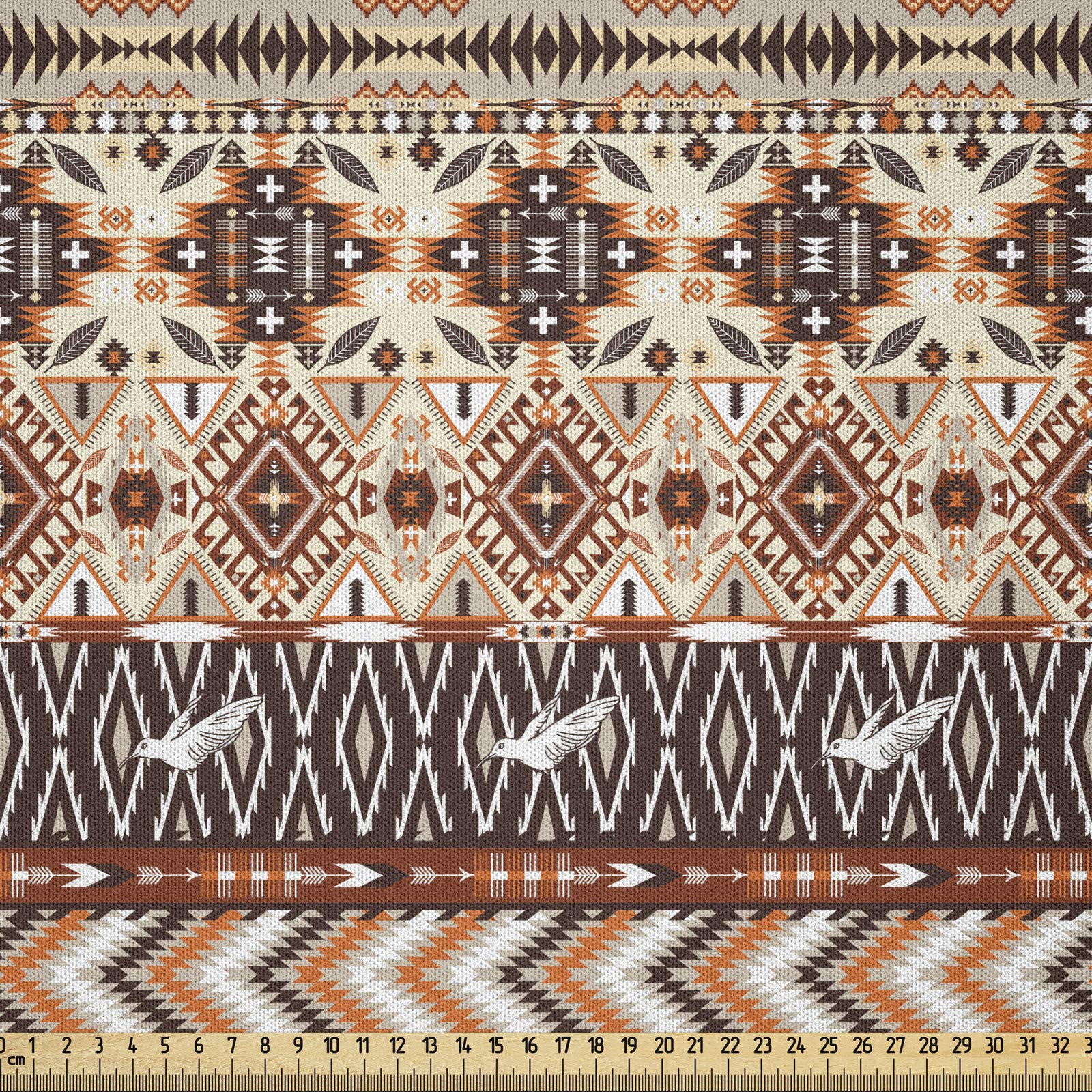 ABAKUHAUS Tribal Fabric by the Yard, Indigenous Art Horizontal Borders with Flying Birds and Geometric Elements, Microfiber Fabric for Arts and Crafts Textiles Decor, 5M, Orange Brown Beige
