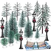 Halloscume 22 Pcs Christmas Village Sets Accessories Miniature Pine Trees Christmas Village Frosted Christmas Tree Figurine Streetlight Lamps Village Street Mat Park Bench Seat for Xmas Winter Decor