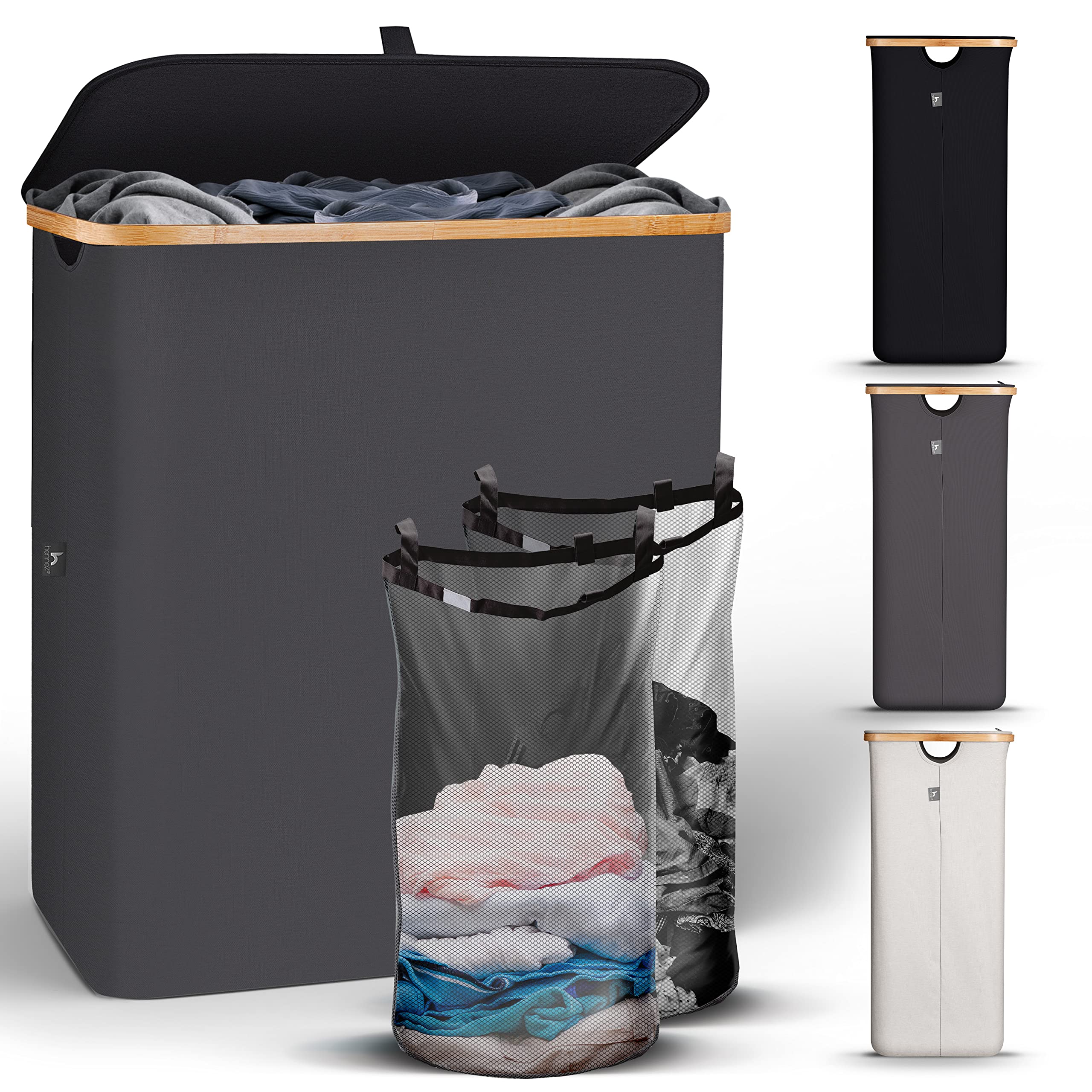 HENNEZ 141L Bamboo Grey Laundry Basket with Lid - Hamper With Removable Bags Double Handles Dirty Clothes Washing Baskets for Wash Bin
