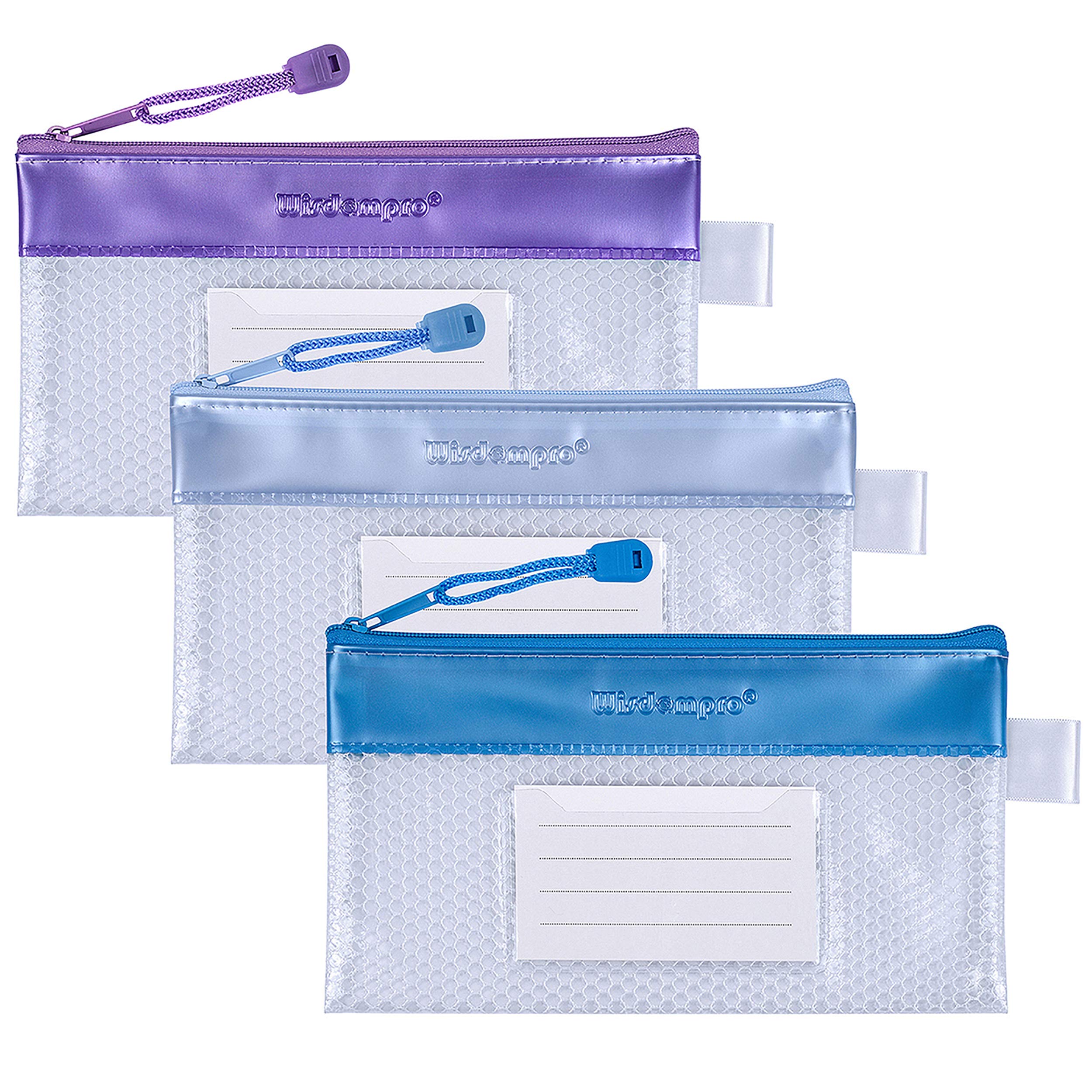 wisdompro Zipper Receipt Holder Folder, 3 Packs Receipt Pouch Bag, Small Plastic Wallet with Label Pocket Organizer for Bills, Cash, Invoice, Office, School or Travel Supplies