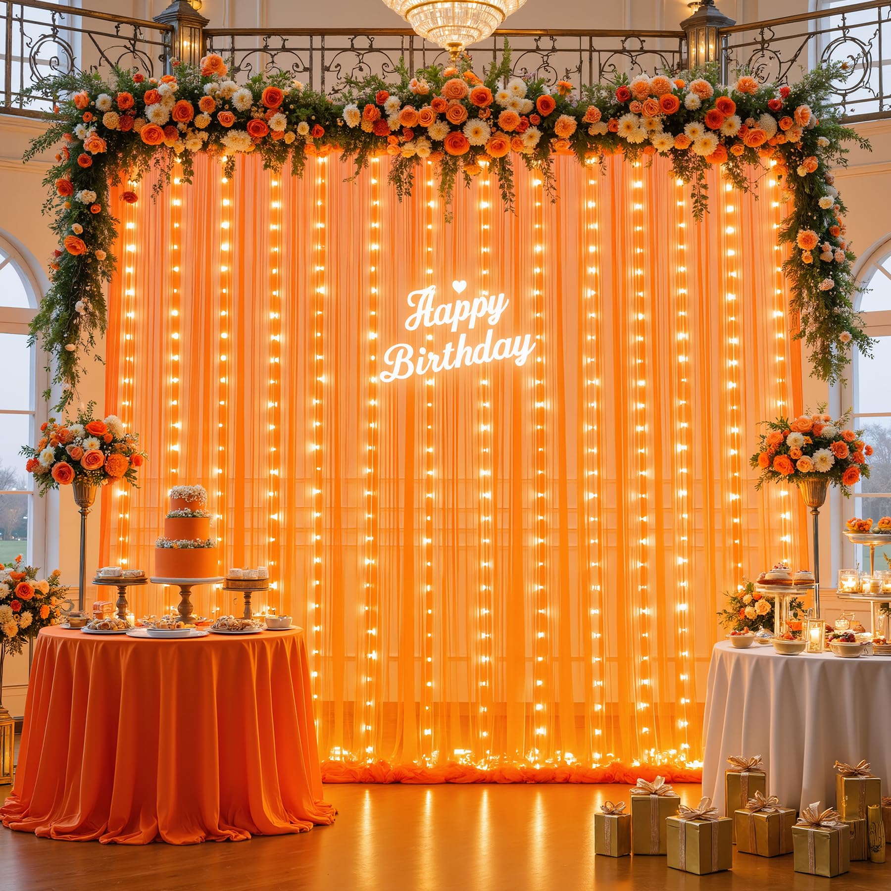 Photo 1 of 10ft x 10ft Orange Tulle Photo Backdrop Curtain with Lights String for Halloween Party Orange Sheer Curtain Backdrop Drapes for Birthday Party Wedding Photo Booth Background Home Room Decorations
