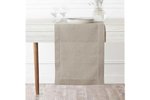 D'Moksha Homes Linen Table Runner 14 x 60 Inch - 100% Pure Linen Classic Hemstitch Natural Table Runner - Machine Washable Fa