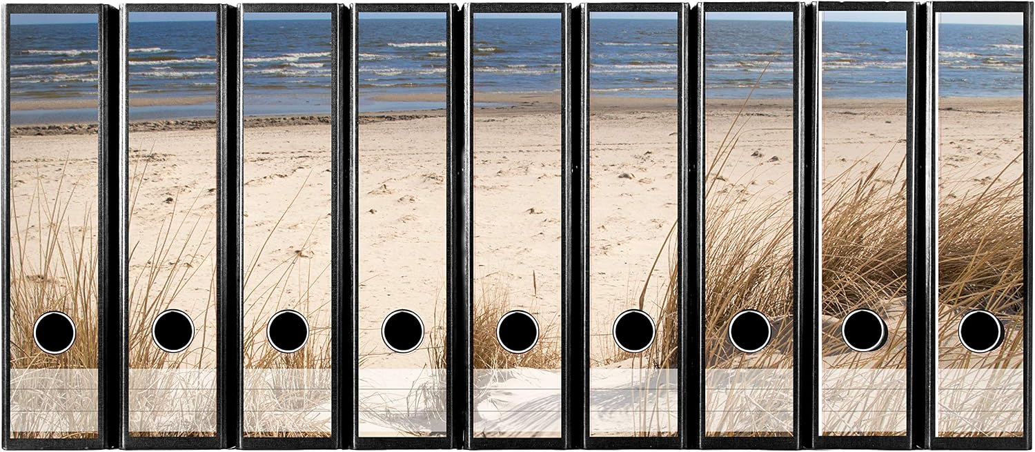 codiarts. Self-Adhesive Folder Spine, Label Set for 9 Wide Folders, Punched with Finger Hole, Spine Label Wide, Dune Beach & Sea