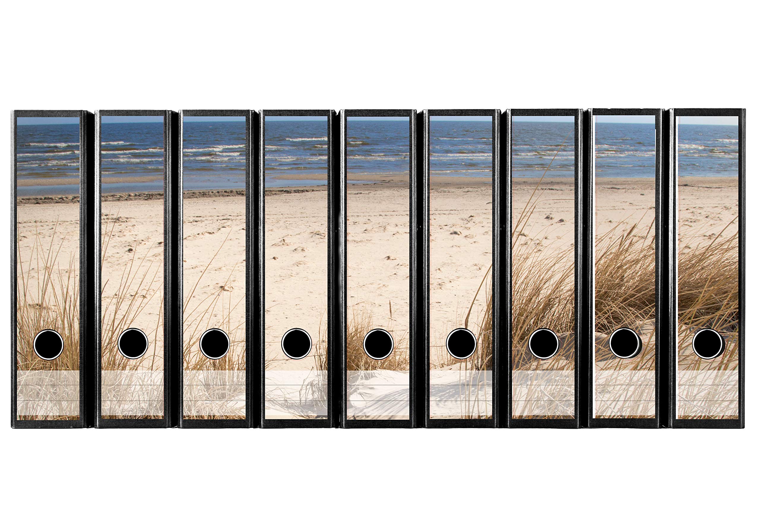 codiarts. Self-Adhesive Folder Spine, Label Set for 9 Wide Folders, Punched with Finger Hole, Spine Label Wide, Dune Beach & Sea