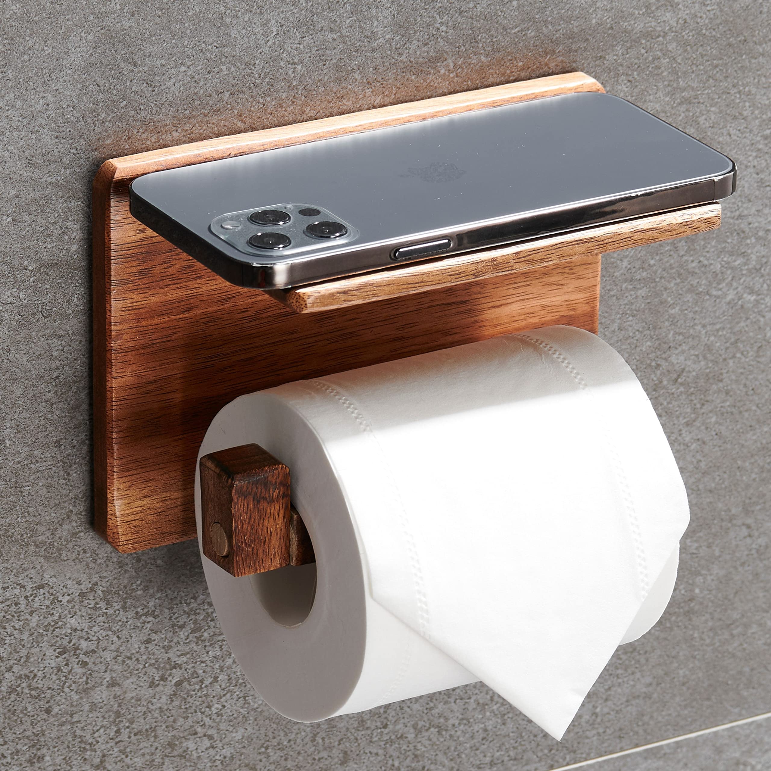 DEKAZIA® | Wooden Toilet Paper Holder Without Drilling | with Shelf for Mobile Phone | Self Adhesive Toilet Roll Holder | Handmade Bathroom Accessories