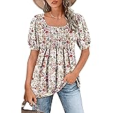 Zwurew Women's Summer Casual Puff Short Sleeve T-Shirts Square Neck Pleated Flowy Trendy Tunic Tops for Leggings S-2XL