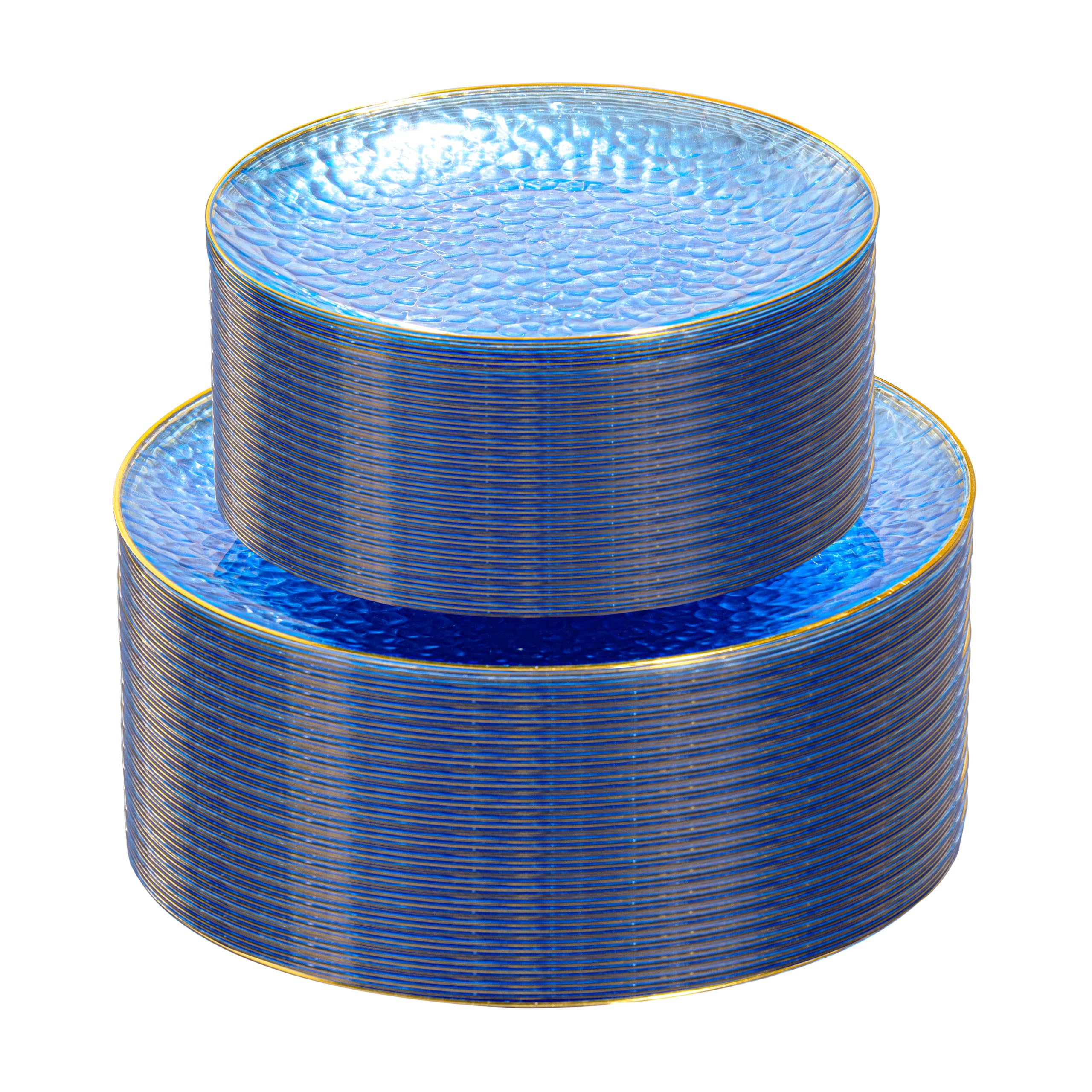 Photo 1 of SUT 100Pcs Blue Plastic Plates, Hammered Plates Disposable Heavy Duty, Blue Disposable Plates With Gold Rim, Fancy Plastic plates Include 50 Dinner and 50 Dessert plates for Wedding
