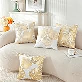 TAOSON Pack of 4, Gold Stamping Leaves Bronzing Printed Cozy Soft Throw Pillow Cases Cushion Covers Shells for Sofa Couch Bed Home Decoration 18 x 18 Inches
