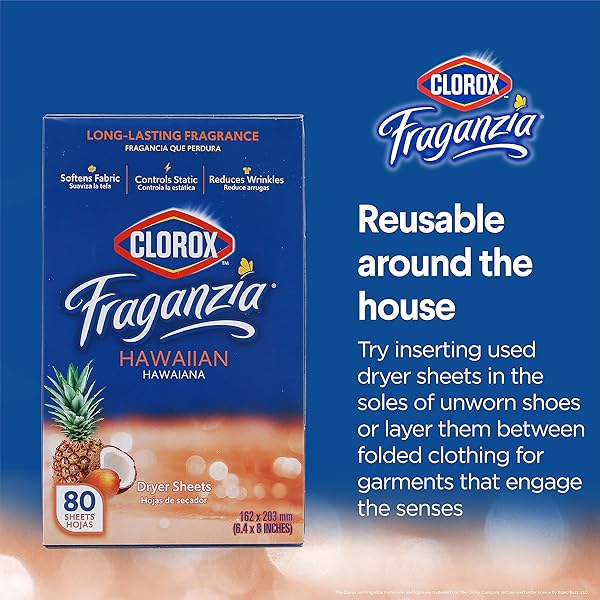 CLOROX FRAGANZIA DRYER SHEETS IN HAWAIIAN ESCAPE SCENT, 80 COUNT WRINKLEREDUCING FABRIC SOFTENER SHEETS BEST LAUNDRY DRYER SHEETS WITH LONGLASTING TROPICAL SCENT (PACK OF 1, 80 COUNT TOTAL)