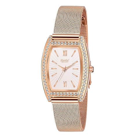 Diamond Square Dial with Rosegold Mesh Belt for Ladies - AQ301-SRME