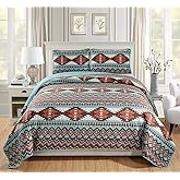 Rugs 4 Less Rustic Southwestern Quilt Stitched Western Bedspread Bedding Set with Tribal Native American Patterns - Utah (Turquoise, King - California King)