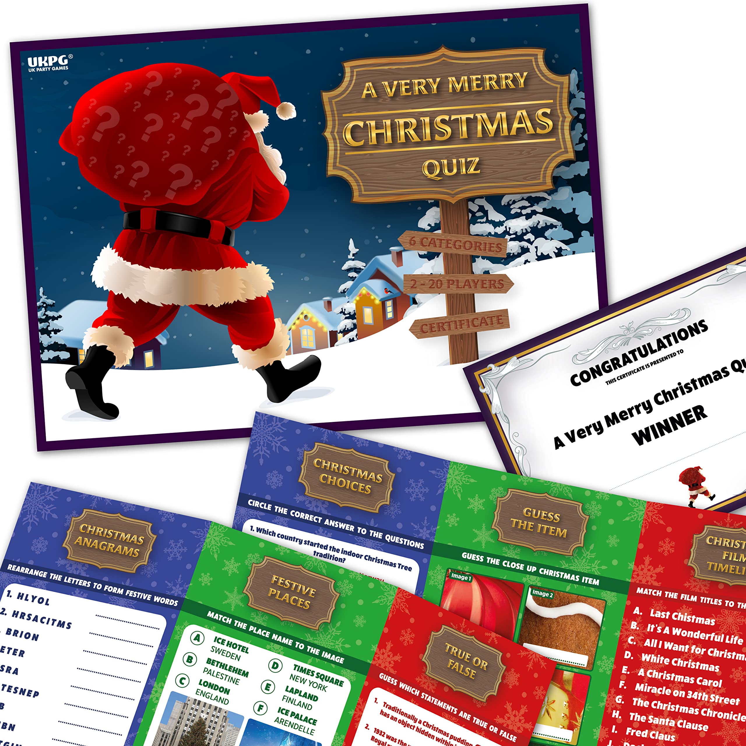 UKPG Christmas Party Game | A VERY MERRY CHRISTMAS QUIZ | 20 Player | 6 Games/ Categories Included for Family, Quiz, Stocking Filler