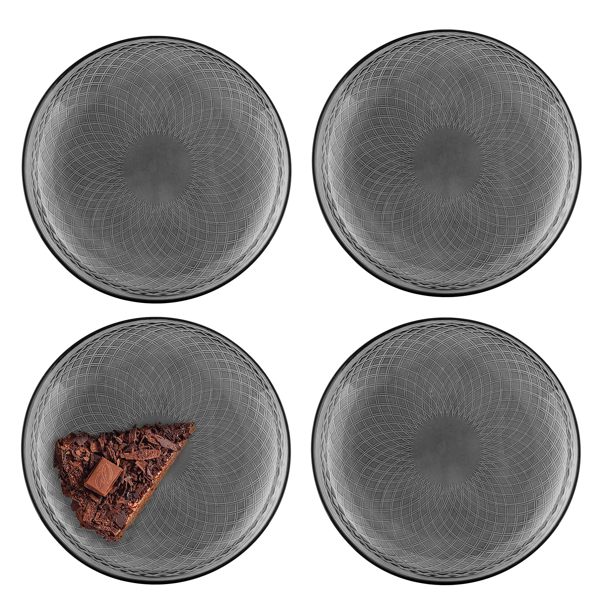 TREND FOR HOME Glass Plate Set for 4 Dessert Plates Tableware Plates Set Coloured Side Plates Serving Dishes for Salads Fruit Appetizers, Ø 17.4 cm, Geometric Pattern, Alisse Smoky