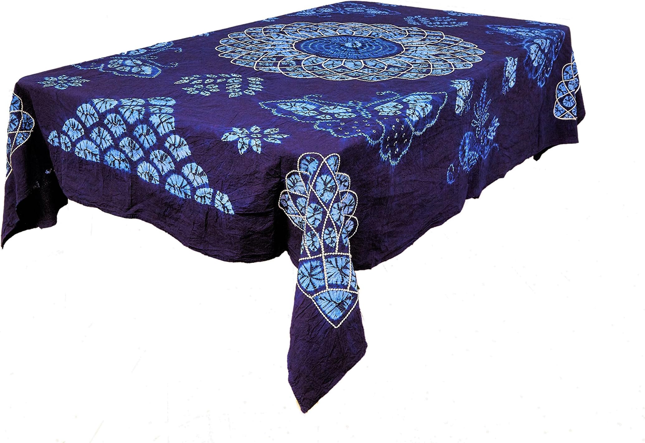 Midori Houseware 100% Handcrafted Tie-dye Tablecloth, Hand Made Exotic Wall Tapestry, Sofa Cover,Picnic Tablecloths,150CM X 200 CM, Chinese Ethnic Style Wall Decor, Navy/Blue/ White, (Pattern 4)