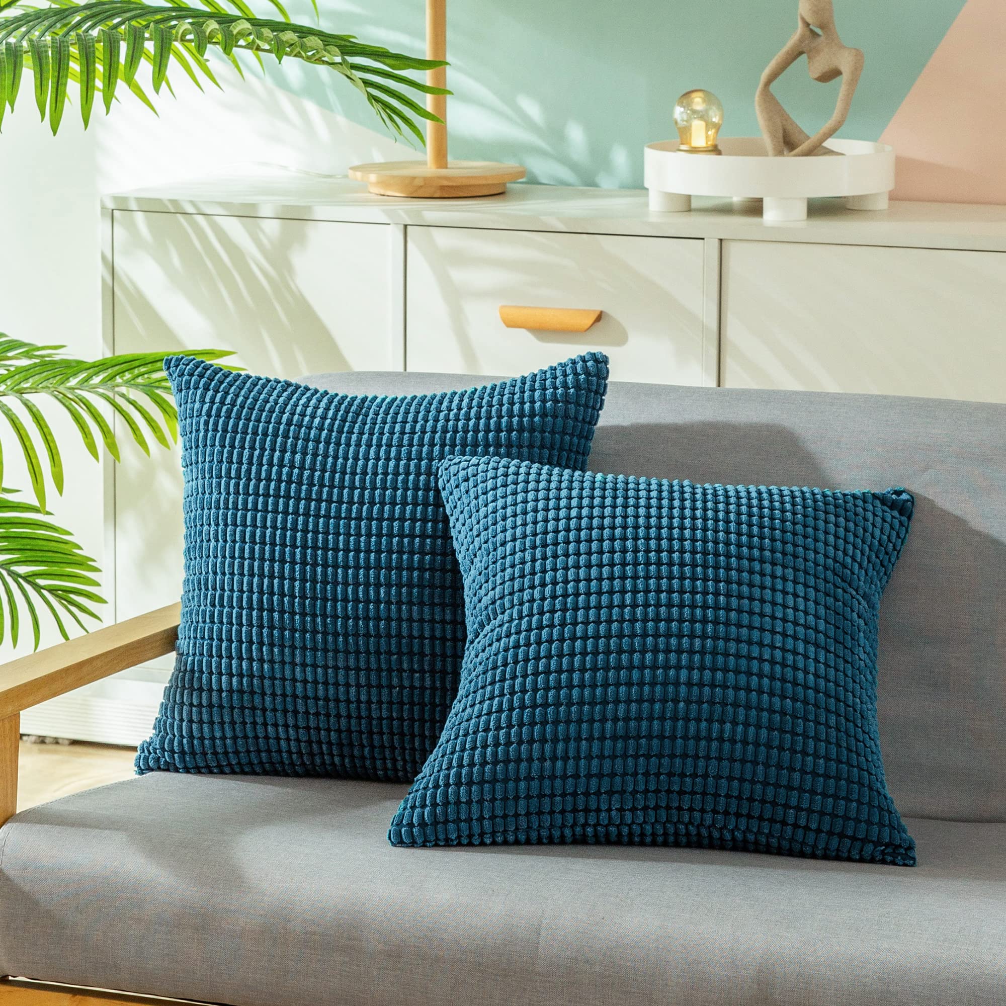 CaliTime Cushion Covers 2 Pack Comfortable Cushion Covers for Couch Sofa Bed Comfortable Super Soft Corduroy Corn Stripe Both Sides 55cm x 55cm Deep Sea Blue โ image 1