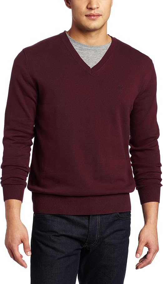 French Connection Men's Auderly Cotton Vneck Sweater, Bordeaux/Black, Large at Amazon Men’s