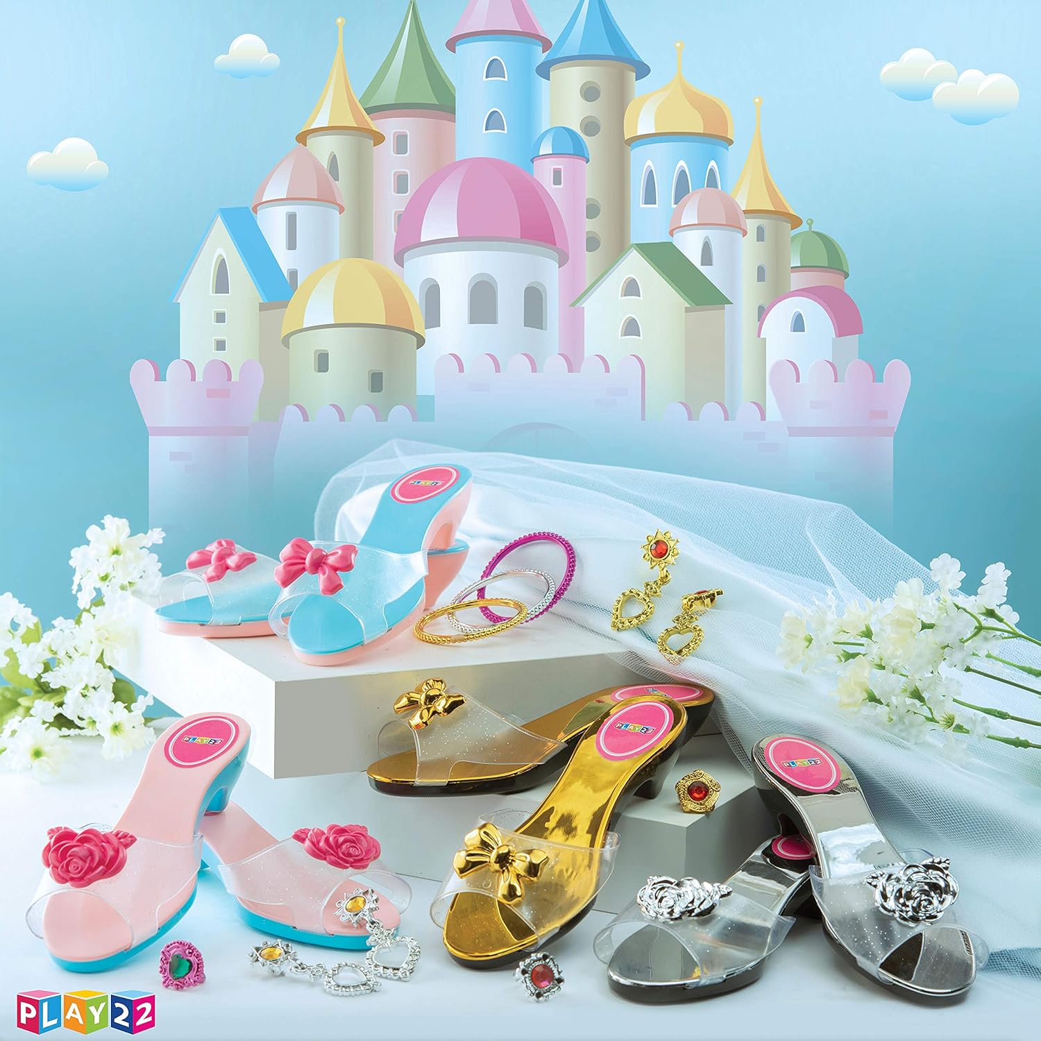 Play22 Princess Girls Dress Up Shoes And Jewelry Boutique 18 Set – 4 Pairs Pretend Play Shoes For Little Girls, 2 Earrings, 3 Bracelets, 3 Rings - Glamorous Princess Dress Up Accessory Set - Original: Toys & Games