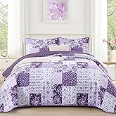 Purple Quilt Set King Size, Boho Floral Plaid Bedspread Coverlet Set, Patchwork Quilt Bedding Set, Farmhouse Soft Lighweight Bedspread Set for All Season