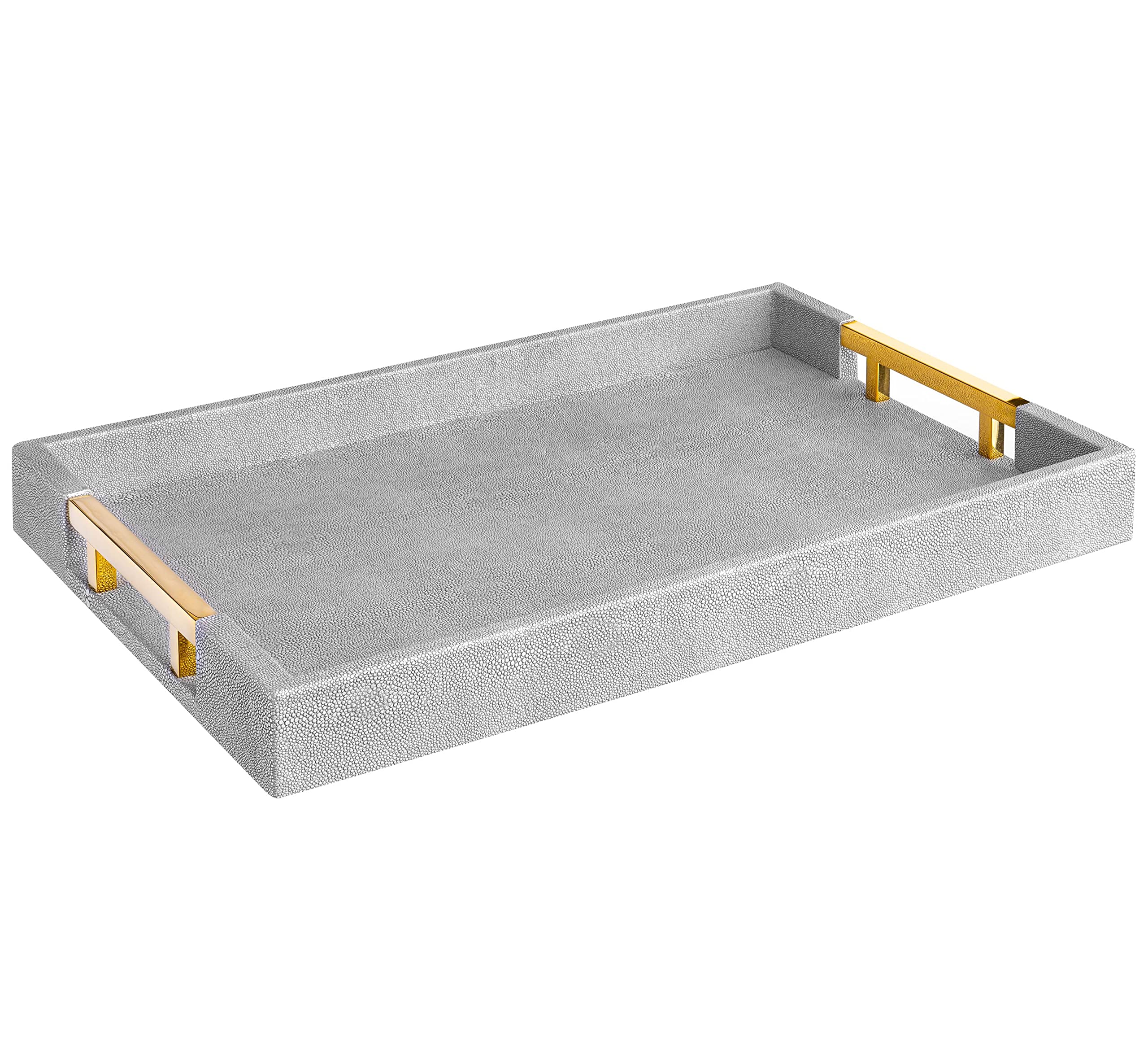 Photo 1 of Home Redefined Modern Elegant 18"x12" Rectangle Glossy Grey Shagreen Faux Leather Decorative Tray Ottoman Coffee Table Perfume Kitchen Display Perfume Serving Tray with Gold Polished Metal Handles.