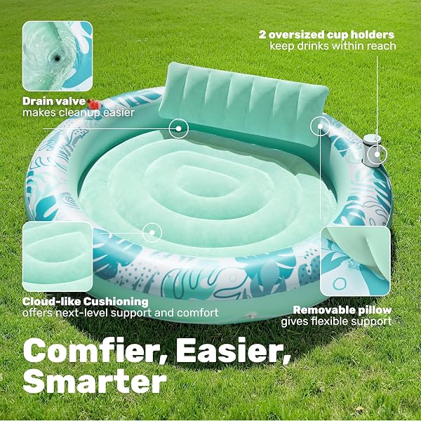 SLOOSH INFLATABLE TANNING POOL LOUNGER FLOAT, 72″ X 56″ POOL FLOATS ADULT WITH PILLOW, 4 IN 1 ROUND SUNTAN TUB RAFT FLOATIE,SUNBATHING BED LOUNGE FOR WATER BLOW UP BALL PIT PARTY GIFTS, CYAN