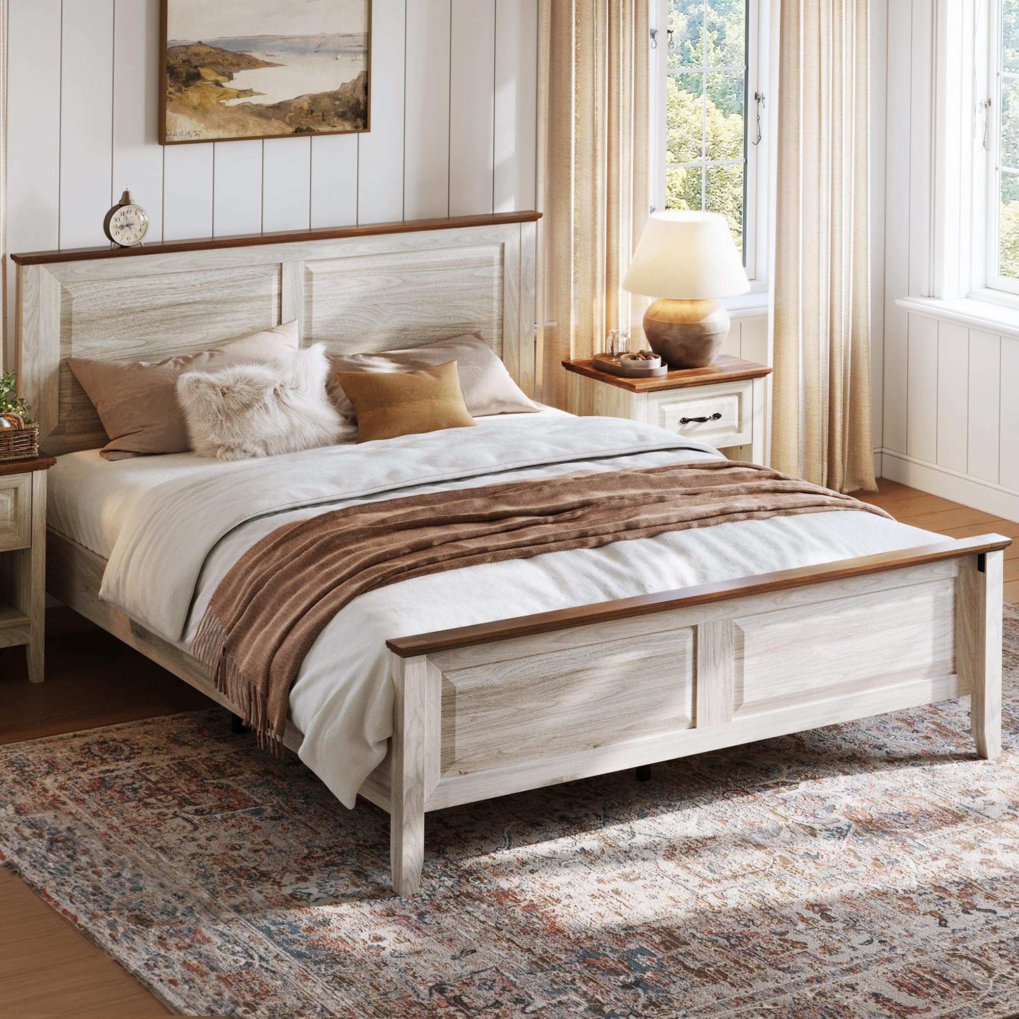Photo 1 of LINSY Farmhouse Bed Frame, Queen Bedframe with Headboard and Footboard, Wooden Bed Frame with Solid Wood Slats, Rustic Beige Platform Bed Frames Queen Size, No Box Spring Needed