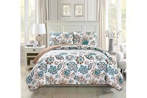 FANCY LINEN Fancy Collection 3pc Oversize Quilted Coverlet Bedspread Set New (King/California King, White, Brown, Teal Floral)