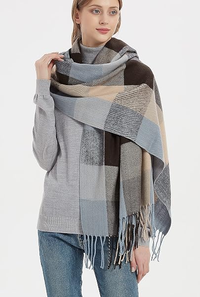 WANDER AGIO WOMENS FASHION LONG SHAWL BIG SCARVES GRID WINTER WARM LARGE PLAID SCARF BLUE BROWN 9