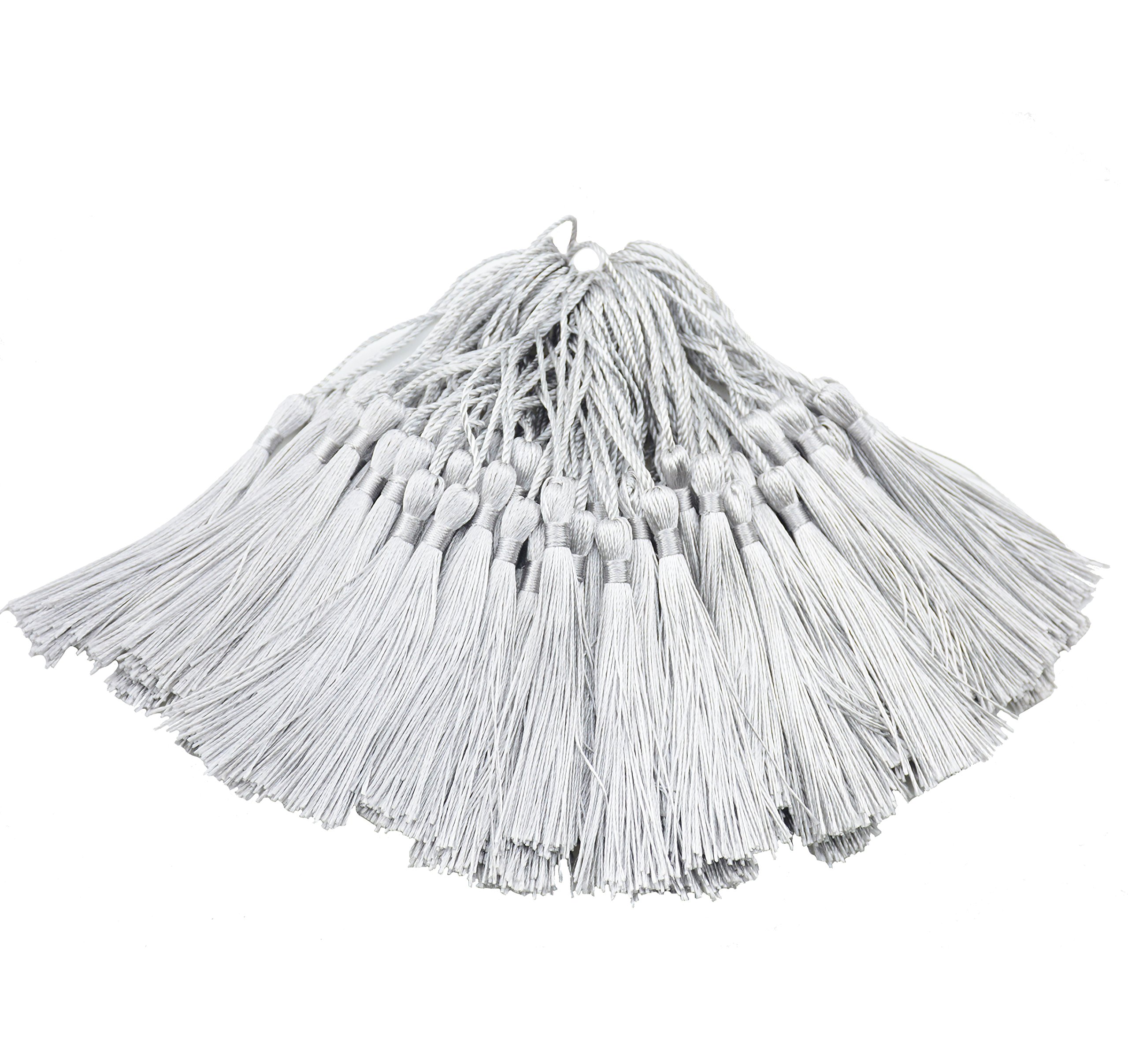 100pcs 13cm/5 Inch Silky Floss bookmark Tassels with 2-Inch Cord Loop and Small Chinese Knot for Jewelry Making, Souvenir, Bookmarks, DIY Craft Accessory (Silver)