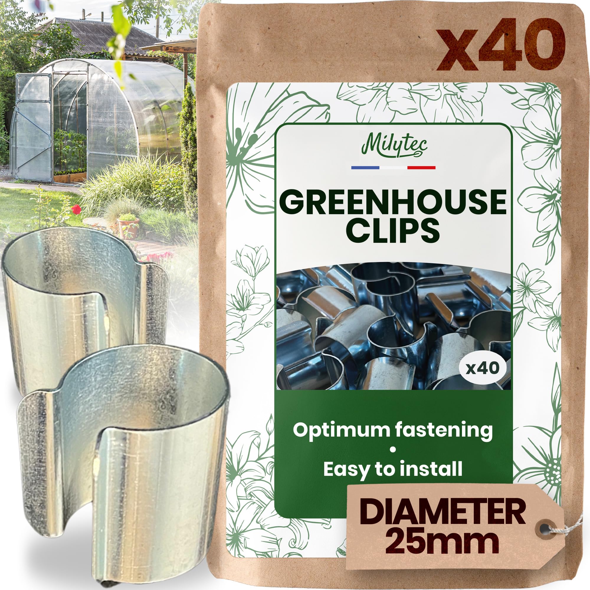MILYTEC® Greenhouse Clips x40 - Heavy Duty Galvanised Steel Greenhouse Fixing Clips for Secure Plant Protection - Windproof Tarpaulin Clips for Tunnels - Storm Resistant Garden Cover Clips