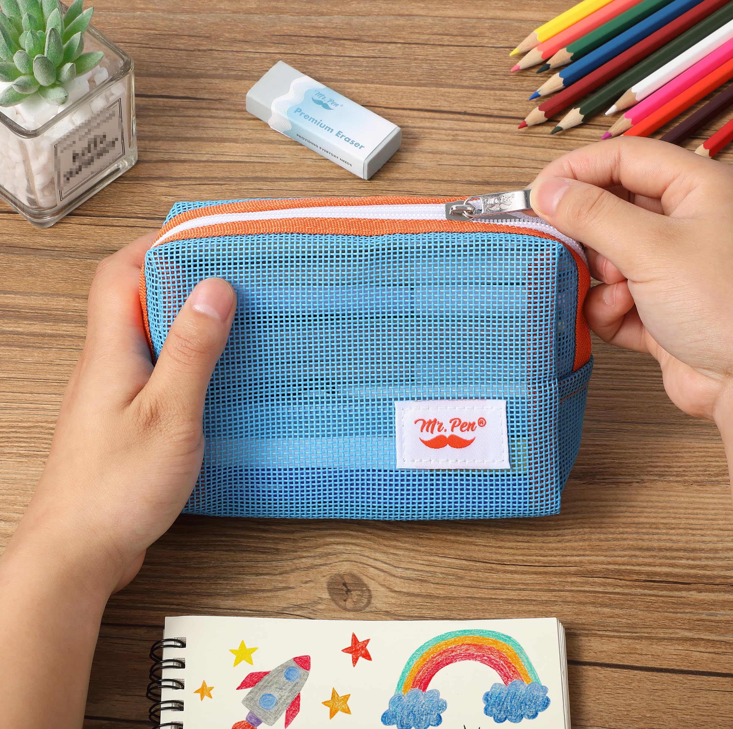 Mr. Pen- Mesh Pencil Case, Blue, Mesh Zipper Pouch Bags with Zipper Pouches for Organization, Small Pencil Pouch Small Cosmetic Bag, Purse Pouch, Cute Makeup Bag