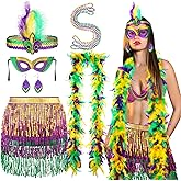 Silicherry 6 Pcs Mardi Gras Costume Accessory Set, Include Sequins Wrap Skirt Faux Feather Headband Beads Necklaces Mardi Gras Mask Feather Boas Layer Leaf Dangle Earrings for Women Party Favors