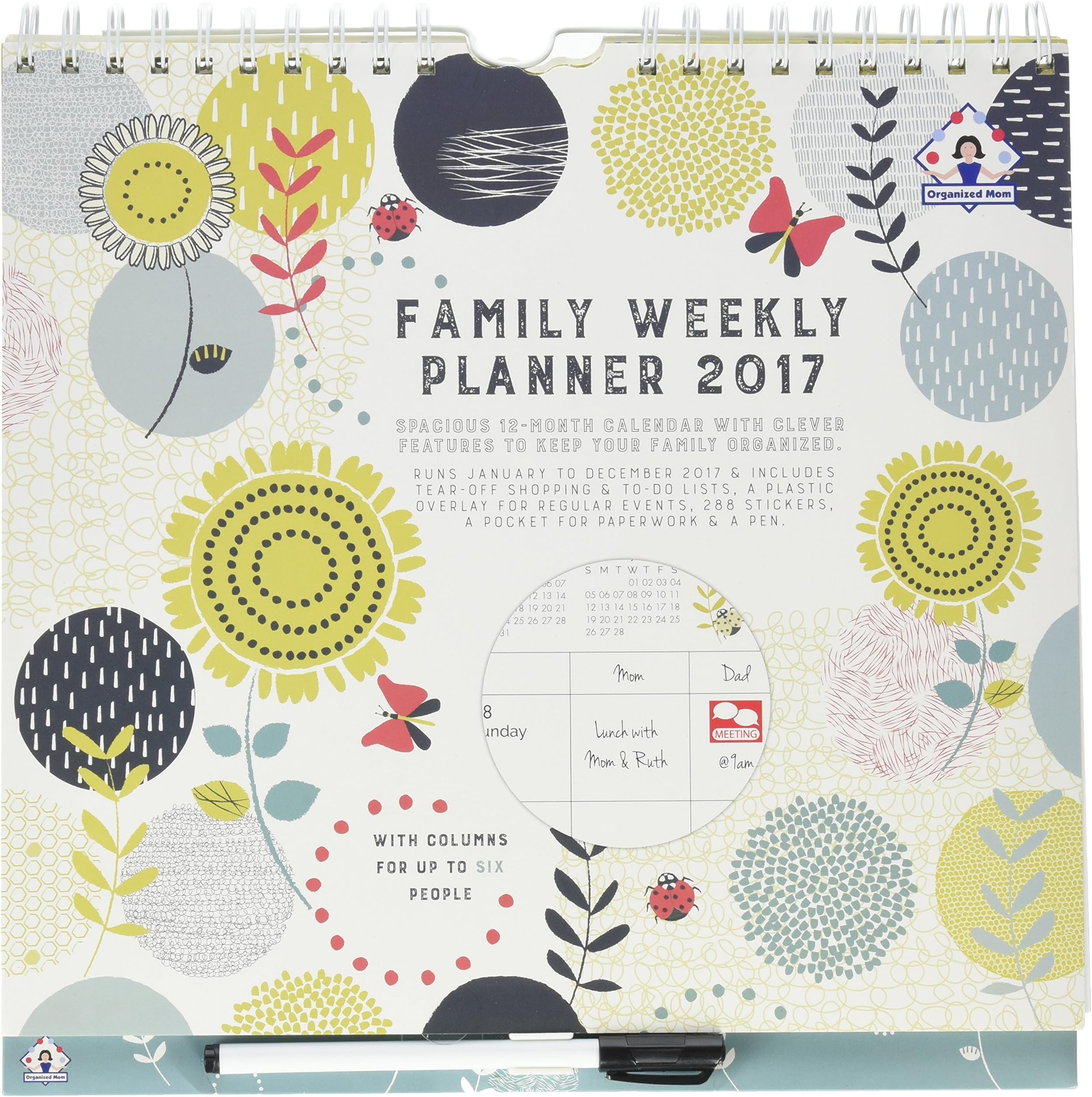 2017 Organized Mom Family Weekly Planner. Week-to-View Family Organizer with 6 Columns. Wall Calendar with Overlay, Perforated Shopping Lists, Stickers, Large Paperwork Pocket and Clip-on Pen.