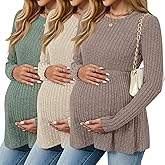 JoyMotion 3 Pack Women's Maternity Shirts, Ribbed Long Sleeve Pregnancy Sweaters Tunic Pleated Tops Crew Neck Casual Blouses