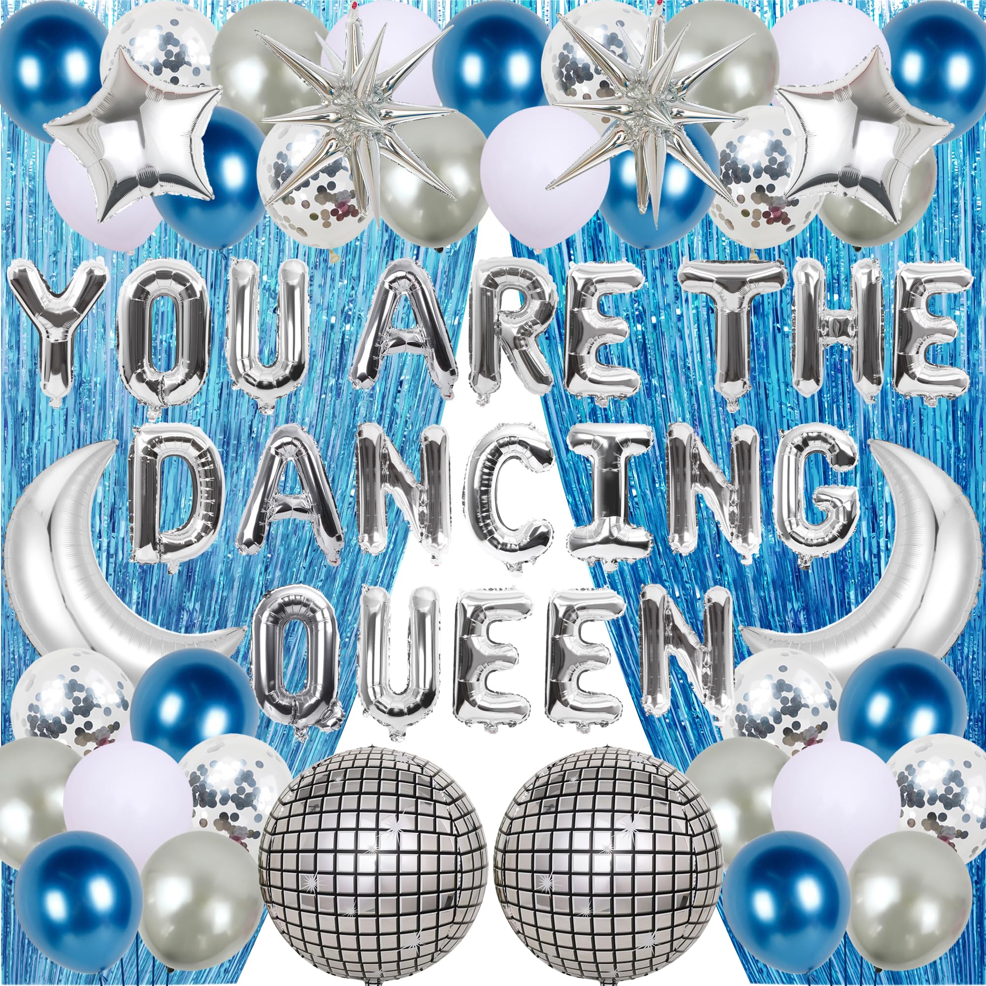 Dancing Queen Hen Party Decorations - 65 Pieces You Are the Dancing Queen Decorations You Are the Dancing Queen Banner Silver Blue Latex Balloon Mirror Disco Moon Star Foil Balloon for 70s Disco Decor