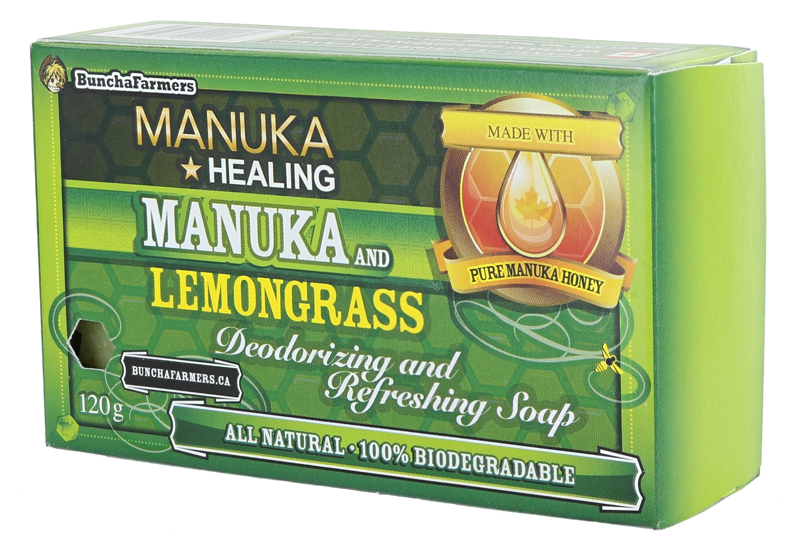 BunchaFarmers All Natural 100% Biodegradable Healing Manuka Honey and Lemongrass Deodorizing and Refreshing Soap Bar (Made in Canada)