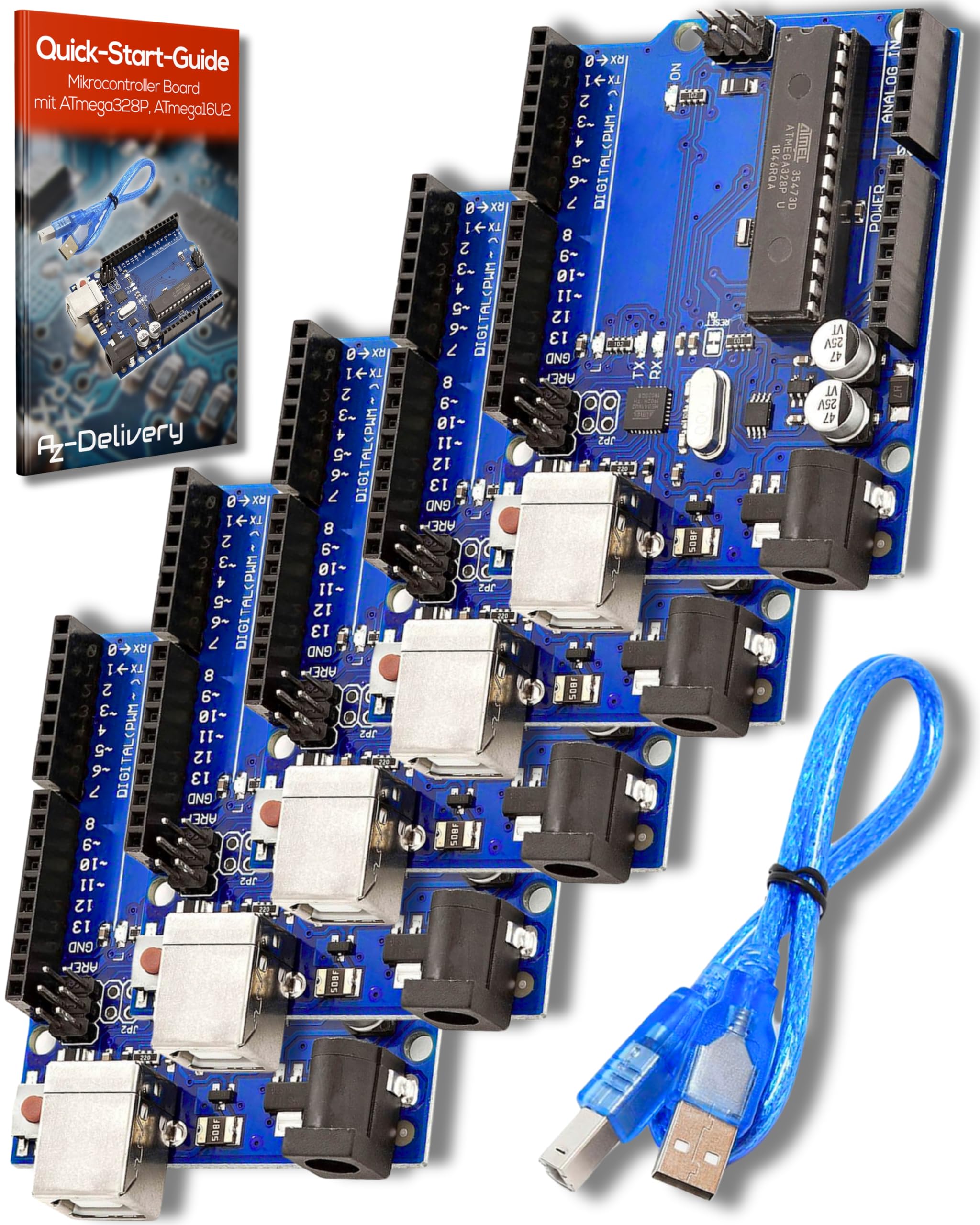 AZDelivery 5 x Compatible with ATmega328P Compatible with ATmega16U2 8-bit Microcontroller Board including E-book!