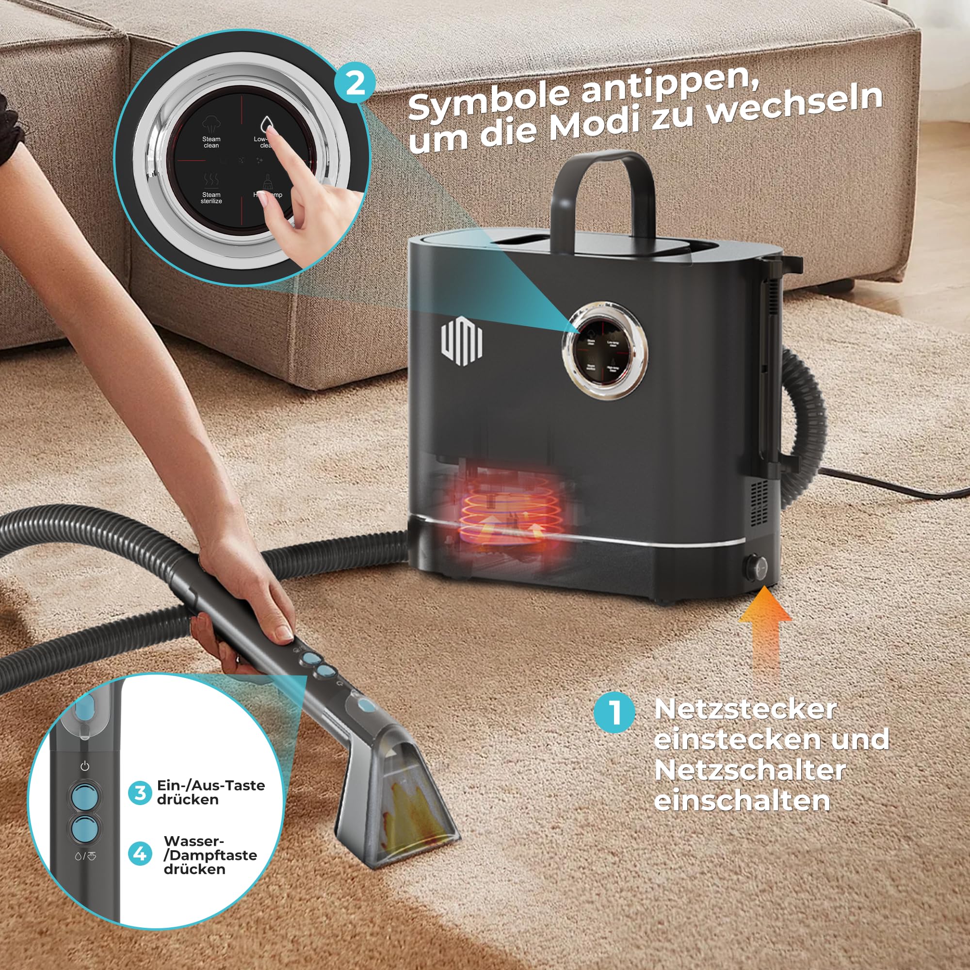 UMI Waschsauger, Dampfreiniger mit 14 kPa Saugkraft, Teppichreiniger mit 4 Reinigungsmodi, Polsterreiniger mit Hochtemperaturfunktion, Doppeltanksystem, Teppichreiniger mit Reinigungsmittel 7
