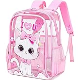 AO ALI VICTORY Clear Backpack for School,PVC Transparent Kids Bookbag for Girls Boys Cute Toddler Back Pack Kindergarten Elementary Schoolbag Stadium Approved See Through Backpacks,Pink Cat