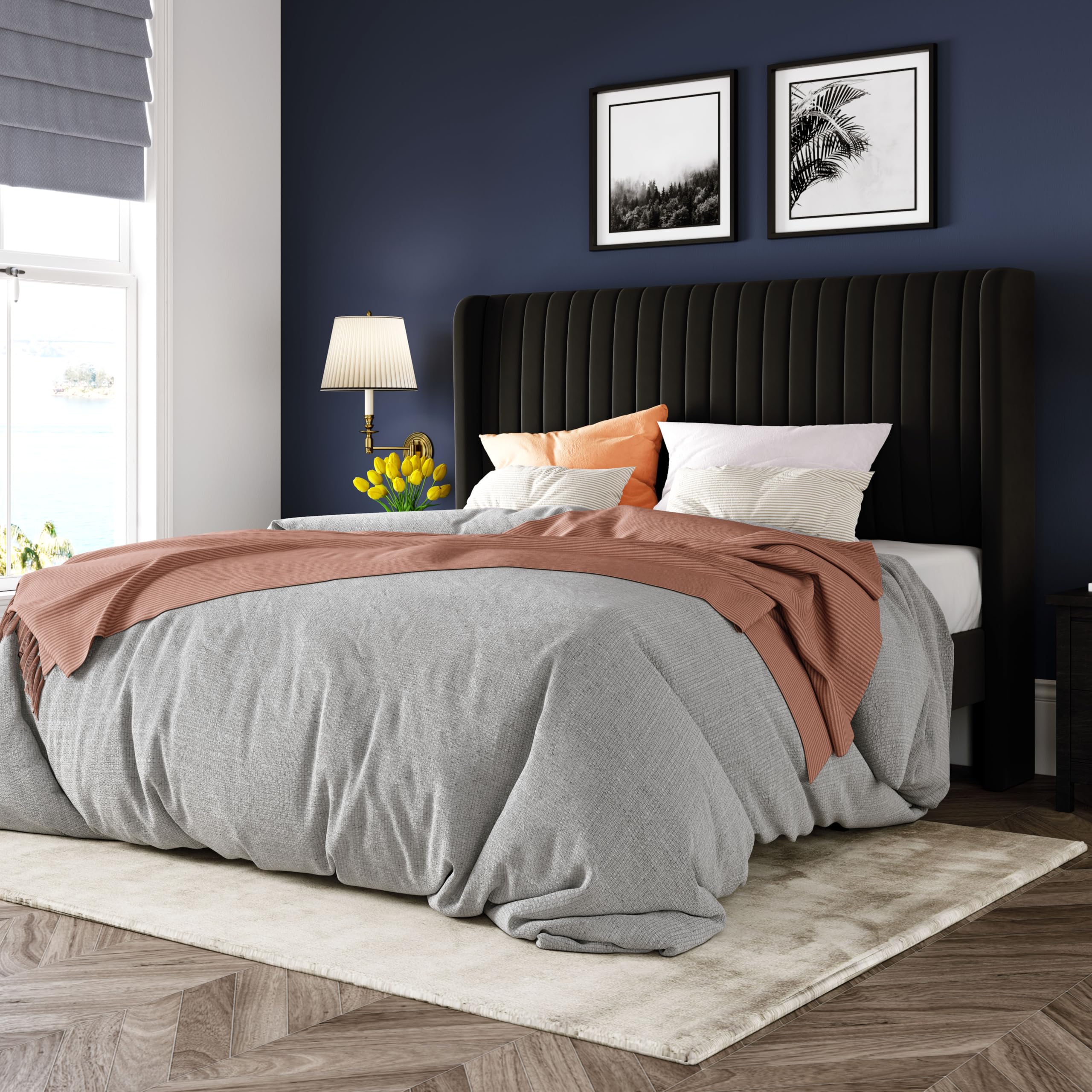 Allewie Queen Size Velvet Bed Frame/Vertical Channel Tufted Wingback Headboard/Upholstered Platform Bed/Strong Wooden Slats/No Box Spring Needed/Easy Assembly/Black Image