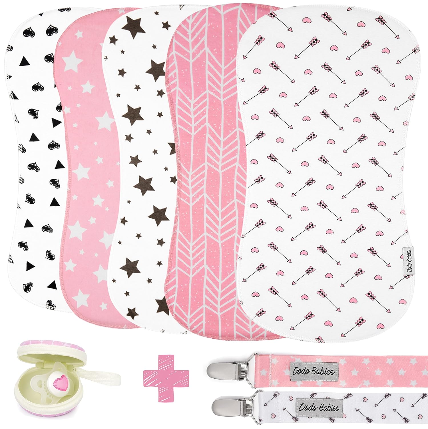 Baby Burp Cloths Pack of 5 by Dodo Babies + 2 Pacifier Clips + Pacifier Case, Premium Quality for Girls Soft and Absorbent, Excellent Baby Shower/Registry Gift: Baby