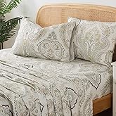 Zusbest Gold Boho Sheets King Size 100% Cotton Luxury Beige Paisley Bed Sheet Set Damask Printed Modern Brown Percale Sheets Soft Deep Pocket Fitted Sheet 17.5'', 4 Pcs