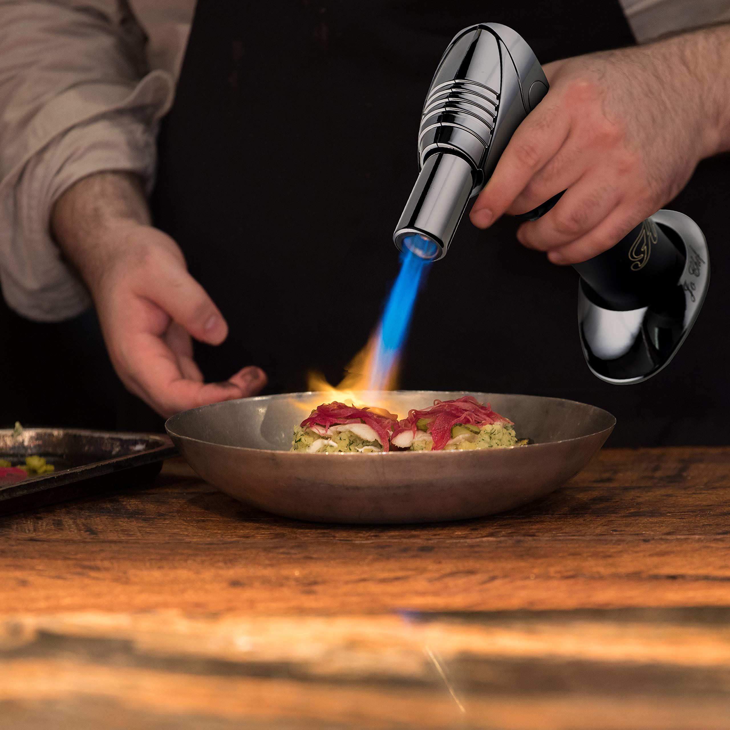 PREMIUM Crème Brûlée Torch – The Ultimate Kitchen Food Torch – Windproof, Use at Any Angle, Safety Switch, Ergonomic Matte Black Grip – Culinary Butane Blow Torch 2,700°F – by Jo Chef