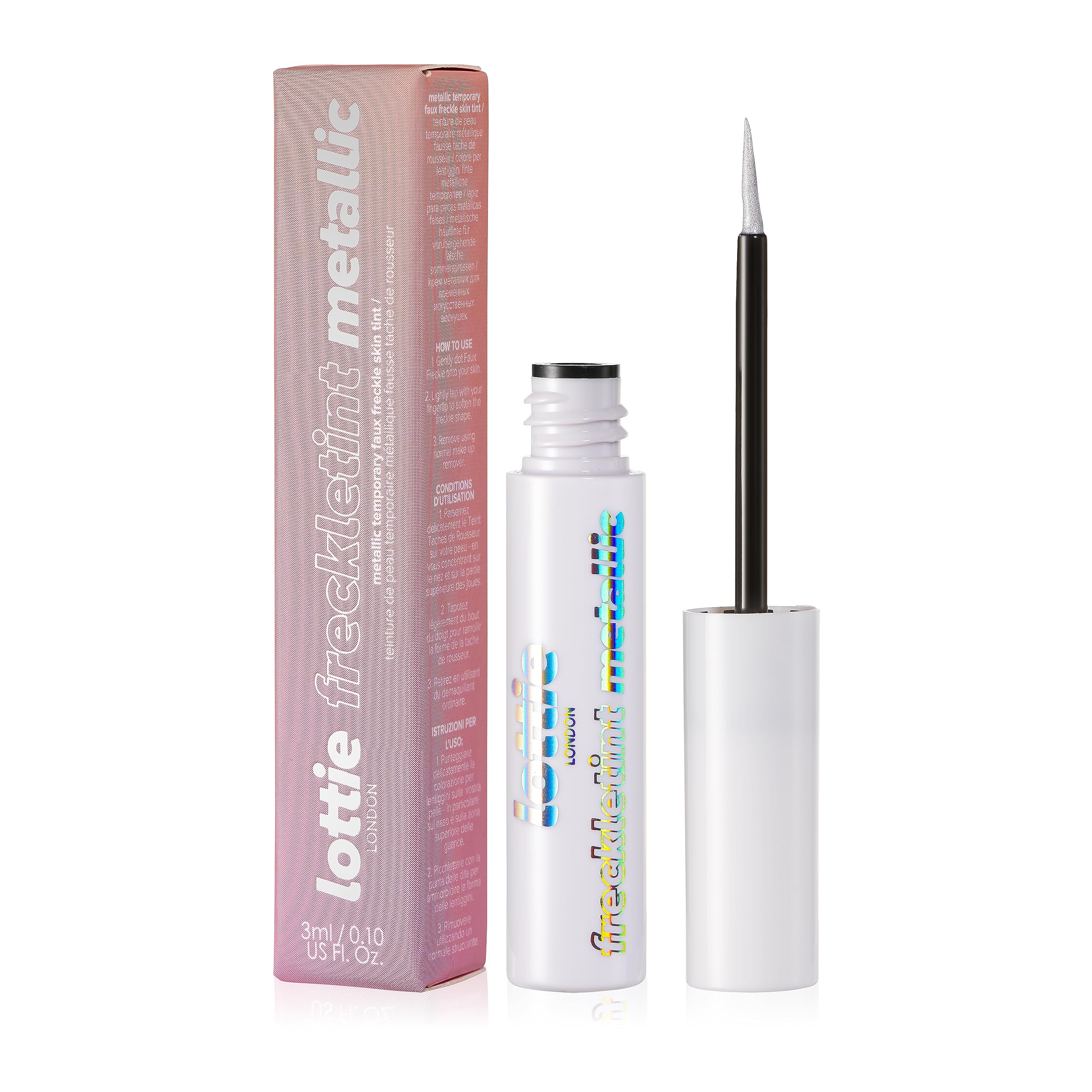 Lottie London Freckle Tint- Metallic in Silver, Metallic Faux Freckle Pen with Precise Applicator to Create Easy Fake Freckles for a metallic sun-kissed finish