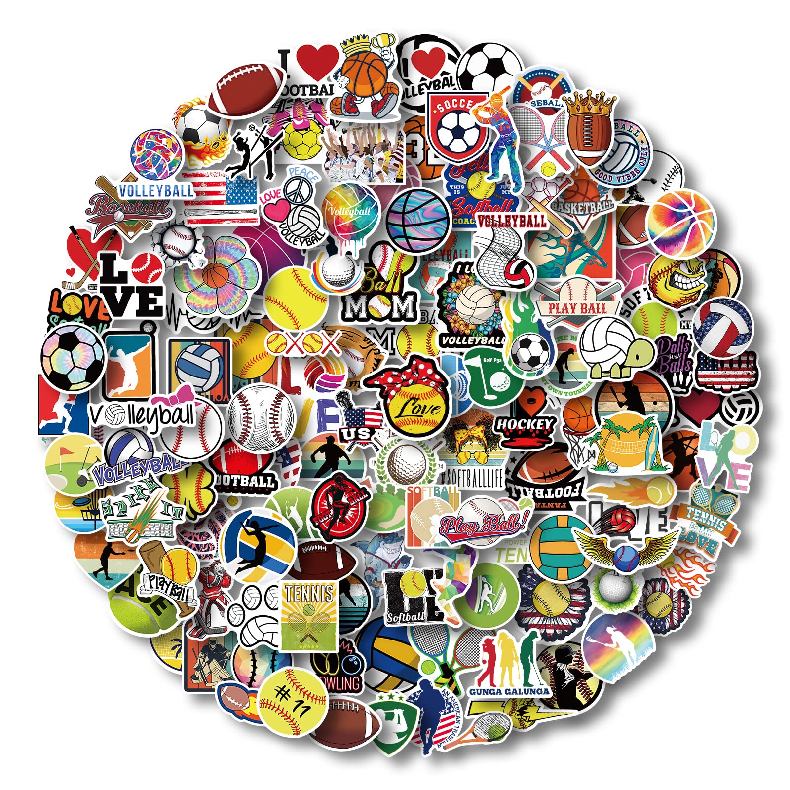 AOWDIAO Sports Stickers 200 Pcs Ball Sports Themed Vinyl Water Bottle Stickers for Kids Teens