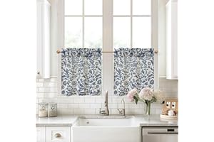 DriftAway Kitchen Curtain Floral Tier Linen Short Watercolor Flower Patterned Cafe Curtains 24 Inch Length for Living Room Bathroom Julia Farmhouse Rustic Drapes Rod Pocket 2 Panels Navy